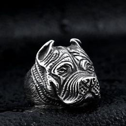 Men's Vintage Stainless Steel Ring Viking Pitbull Bulldog Gothic Pug Dog Head Totem Amulet Punk Animal Jewellery for Men Boys265w