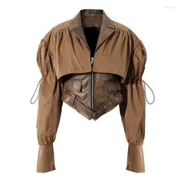 Women's Leather Design Two-piece Jacket Women Spring And Fall Cape Splicing PU Ladies Fashion Casual Waist Top Female
