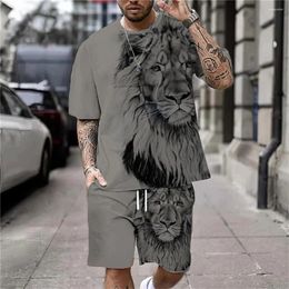 Men's Tracksuits Plus Size 3D Lion Print Cool T-shirt Shorts Set For Sports Fitness Summer Street Style Oversized Graphic 2Pcs Men Clothing