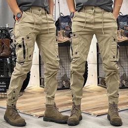 Men's Pants Multiple American Retro Workwear For Fashionable Elastic Waist Zipper Minimalist Large Mouth Pocket Lace Up Legpants