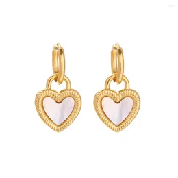 Dangle Earrings Youthway Metal Texture Heart Shaped White Shell Drop 316 Stainless Steel 18K Gold Plated Waterproof Women's Jewelry