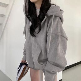 Women's Hoodies Solid Color Oversized Zip Hoodie Women 2024 Korean Long Sleeve Hooded Sweatshirt Woman Streetwear Pocket Loose Jacket Female