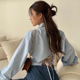 Women's Blouses Sexy Back Bandage Crop Shirts Women Korean Long Sleeve Blue Blouse Female Y2k Slim Lace Up Turn Down Collar Casual Tops 2024