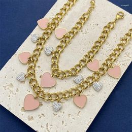 Choker Brass Zircon Pink Heart Pendant Necklace Women Jewellery Vintage Punk Designer Runway Gown Boho Japan Korean