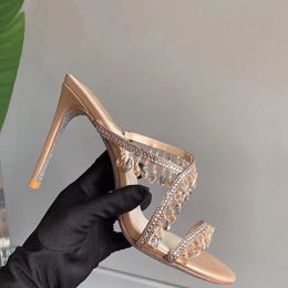 Rene Caovilla Chandelier Crystal Embellished Strap Slippers Mules Shoes Rhinestone Spool Heel Womens Heels Luxury Designers Heeled Sandals Factory Footwear