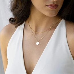 Dainty Layered Choker Necklaces Golden Silver Colour 14k Yellow Gold Heart Circle Disc Pendant Chain Necklaces For Women Jewellery