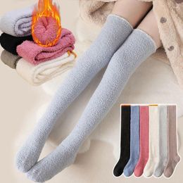 Women Socks Coral Fleece Long Winter Warm Foot Padded Plush Thicken Sleep Soft Solid Color Home Floor Stocking