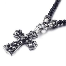 Fashion Punk Rock Black Glass Bead Skull Pendant Necklace For Men Women Stainless Steel Cross Necklaces & Pendants 50CM Long Jewel257K