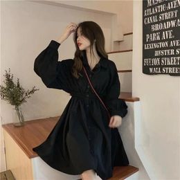 Casual Dresses Shirt Dress Women Black Lantern Long Sleeve Elastic Waist A Line Mini Preppy Korean Solid Simple Vestidos