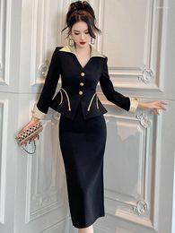 Two Piece Dress Fashion Elegant 2 Pieces Sets Women Black Gold Contrast Suit Jacket OL Coat Split Midi Skirt Office Lady Business Outfits