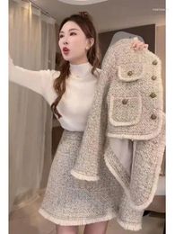 Two Piece Dress UNXX 2024 Autumn And Winter Chic Korean Fashionable Temperament Tassel Jacket Skirt Set For Women Female Suit