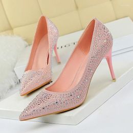 Dress Shoes Korean Style Shallow Mouth Spike Slender Heel High Heeled Pumps 2024 Fashion Banquet Sexy Nude Diamond Wedding