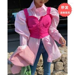 Women's Blouses Shirt Top Bubble Long Sleeved Pink Single Breasted Lapel Button Pleated Vest Summer Ruffle Edge Sleeveless