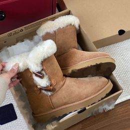 2024 designer Classic Australie women boots Warm Horn Toggle Closure tall boot Mini Ankle bottes Full fur Fluffy furry platform snow booties