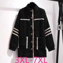 Jackets New 2021 Autumn Winter Plus Size Women Clothing Woolen Jacket Large Loose Black Pocket Thick Long Coats 3xl 4xl 5xl 6xl 7xl