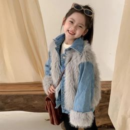 Jackets 2024 Winter Girls Fashion Jeans Fur Jacket Baby Kids Children Thick Warm Denim Coat Outerwear