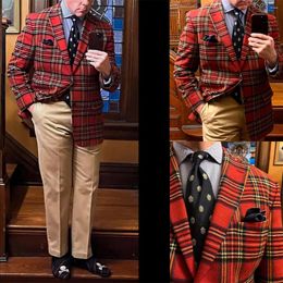 Men's Suits Design Men 2 Pieces Red Plaid Blazer Khaki Pants Single Breasted Tuxedo Wedding Formal Work Party Causal Tailored