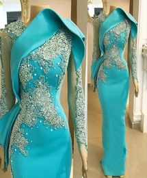 2022 Arabic Sexy Turquoise Mint Evening Dresses Wear Jewel Neck Long Sleeves Pearls Beads Sheath Floor Length Formal Party Sheer i3752557