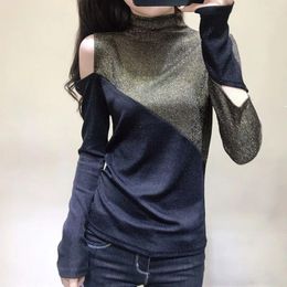 Women's T Shirts Europe Station 2024 Spring Autumn Sexy High Neck Long Sleeve T-shirt Slim Fit Tops With Asymmetrical Cutout