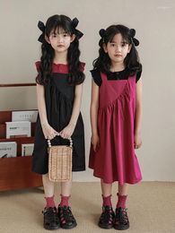 Girl Dresses 2024 Girls' Summer Pleated Curved Spliced Tank Top Dress Children's Fashion Casual Strap Knee-Length 7-12y Clothes