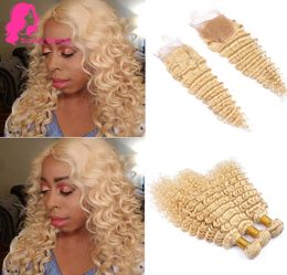 Blonde Color 613 Deep Wave Curly Virgin Brazilian Human Hair Weave 3 Bundles With closure Honey Blonde Color 613 DeepWave Bleache2425478