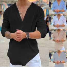 New men's fashionable shirt V-neck casual solid Colour T-shirt men's cotton linen shirt long sleeved