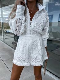 Women's Tracksuits Vintage Hollow Out Lace White Shorts Sets Long Sleeve Single Breasted Blouses Suits 2024 Women Casual Party 2 Pcs Outfits