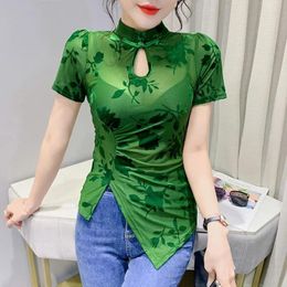 T-Shirts #6711 Green Black Mesh T Shirt Women Hollow Out Sexy Retro Chinese Style Skinny T Shirt Short Sleeve Asymmetrical Tshirt Short