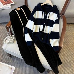 Women's Two Piece Pants Spring Autumn Set Casual Sportswear Hooded Knit Pullover Sweater Elastic Waist Wide Leg Trousers 2pcs Track Suit