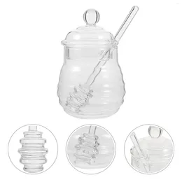 Dinnerware Sets Honey Jar Dipper Lid Glass Dispenser Clear Pot Container Cute Reusable Seal Store Syrup