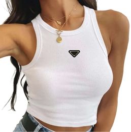 Hot Pr-a Summer White Women T-Shirt Tops Tees Crop Top Embroidery Sexy Shoulder Black Tank Casual Sleeveless Backless Shirts Luxury Designer Solid Colour Vest nn