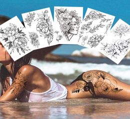 Temporary Tattoo Stickers Waterproof Black Rose Peony Flower Design Leg Arm Tattoo Flash Fake Tattoo Sleeves For Men Women Girls9192891