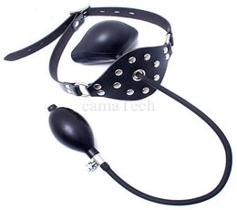 camaTech Leather Latex Inflatable Ball Gag Harness Oral Fixation Mouth Stuffed Mask Hood For Couples BDSM Restraints Bondage Toy Y1091209