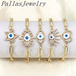 Bangle 5Pcs Blue Eye Lucky Bracelet Cubic Zirconia Fashion Party Jewellery Gift for Women Men Gold Colour Eyes Adjustable Link Chain Brace