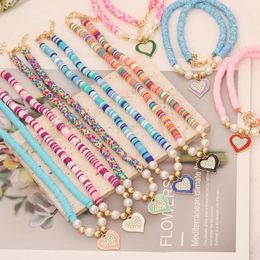Necklaces 5Pcs New Bohemia Colourful Soft Pottery Simple Vintage Enamel Heart Beaded Collar Unusual Necklace for Women Jewellery Beach