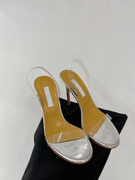 Dress Shoes 2024 High Heels One Belt Sandals PVC Genuine Leather Women 9 Colour Clear Upper Slippers Slingbacks Trendy Concise