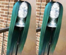 Long Dark Roots Green Mixed Color Ombre Two Tone Lace Front Synthetic Wigs Straight Heat Resistant Hair Pre Plucked Wig with Baby 8603700