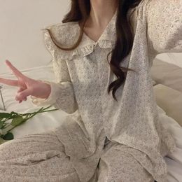Women's Sleepwear 2024 Floral Pajamas Female Spring Autumn Cotton Long Sleeve Doll Collar Loungewear Sweet Lovely Falbala Homewear