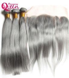 Grey Straight Hair Ombre Brazilian Virgin Human Hair Weave Extension 3 Bundles With 13x4 Lace Frontal Closure Gray Bleached Knot F1926890