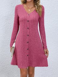 Casual Dresses Fashion Solid Ribbed Knitted Mini Dress Women Button Long Sleeve A Line 2024 Autumn Lady Streetwear Robe