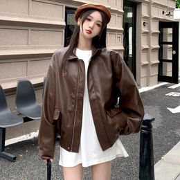 Women's Jackets TPJB PU Leather Jacket Women Long Sleeve Turn-down Collar Loose Female Autumn Winter Street Fashion Moto Biker Lady Coat