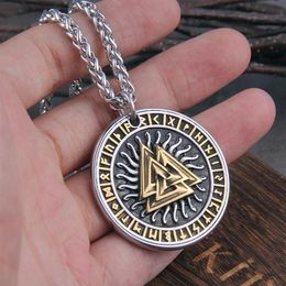 Nordic Vikings Jewelry Never Fade Odin's Valknut With Rune And Viking Axe Pendant Wooden Box As Gift Necklaces2405