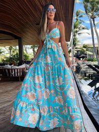 Casual Dresses In Chic Floral Print Women Dress Sleeveless Backless Naked Waist Tie Up Long Summer Beach Vacation Sexy Sling Robe