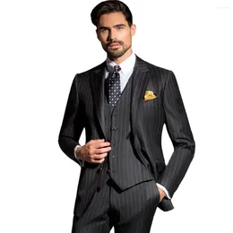 Men's Suits Chic Black Stripe Pattern Single Breasted Peaked Lapel Bespoke 3 Piece Jacket Pants Vest Luxury Wedding Business Blazer Slim Fit