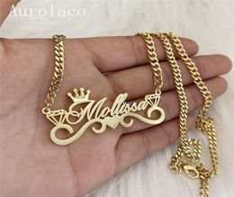 Pendant Necklaces AurolaCo Custom Name with Crown Personalised Cuban Chain Stainless Steel Nameplate for Women Gift 2209217585406