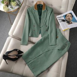 Two Piece Dress Office Plaid Outfits Blazer And Skirt For Women Green Black Double Breasted Fashion 2 Set Business Elegant Lady Suit