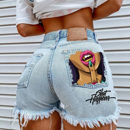 Damen Shorts Y2k American Street Girl Style Personalisiertes Taschendruckmuster 2024 Frühling/Sommer Perforierter Ragged Edge Denim
