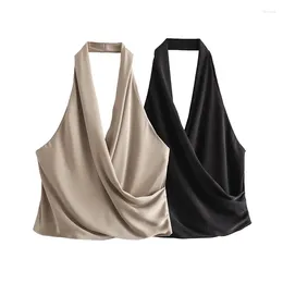 Women's Tanks Crop Top Women Ruched Halter Neck Satin 2024 Sexy Corset Woman Y2k Off Shoulder Tops Female Spring Streetwear