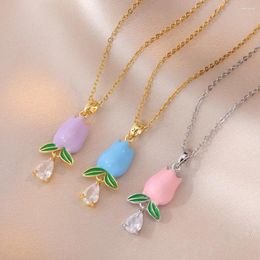 Pendant Necklaces Elegant Vintage Pink Blue Enamel Tulip Flower Zircon For Women Lady Stainless Steel Chain Jewelry Accessories