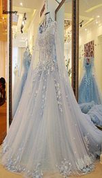 Dubai Sky Blue Wedding Dresses With Long Cloak Crystal Pearls Puffy Bridal Ball Gowns Robe De Mariee 2021 Appliques Casamento1406281